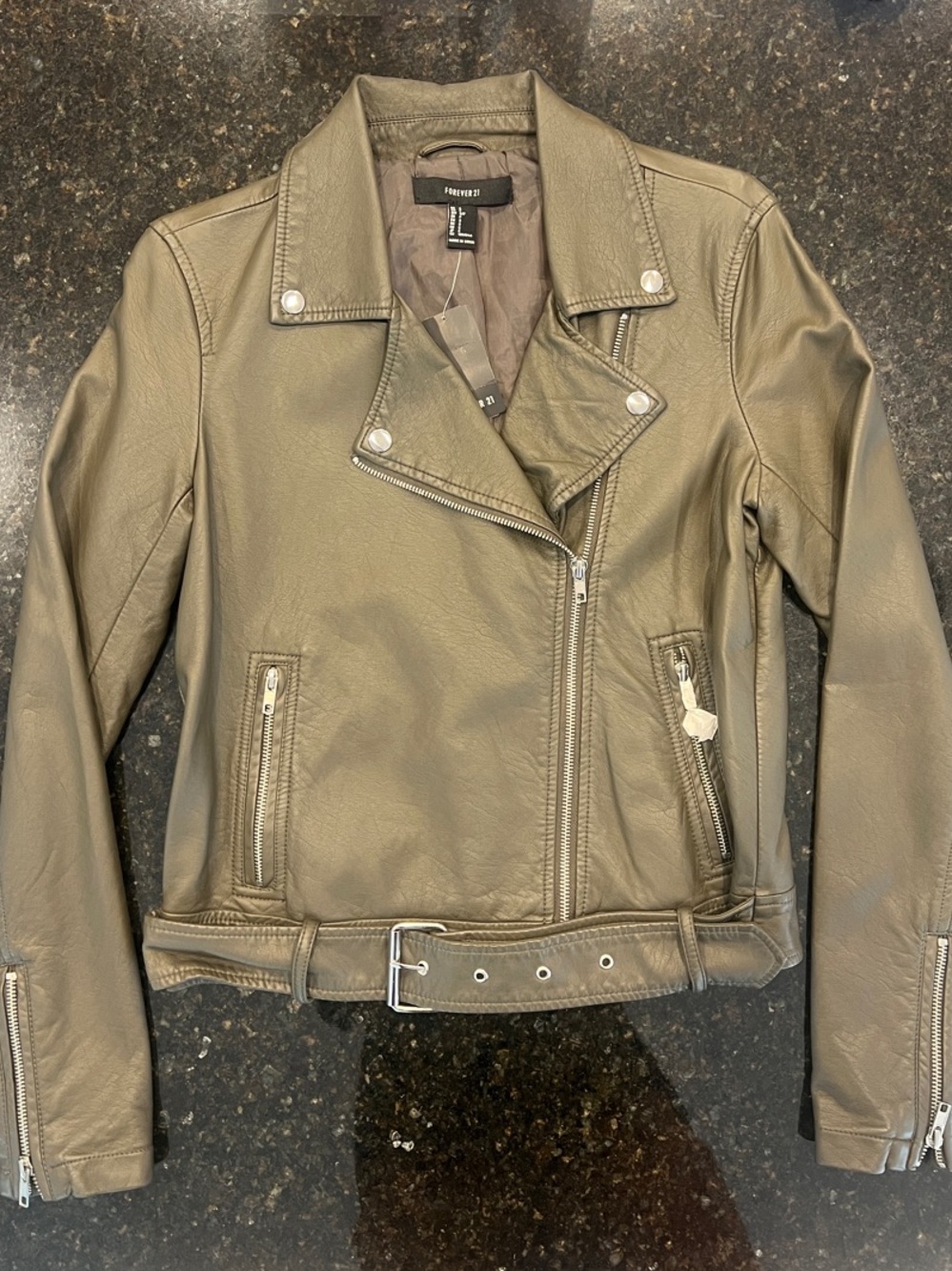 Forever 21 Olive Green Faux Leather Moto Jacket with Belt